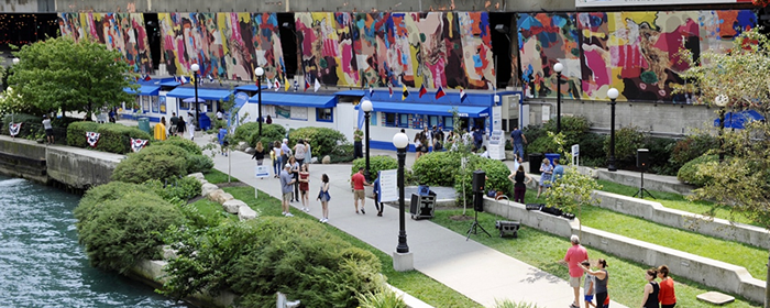 Candida Alvarez, Howlings - Soft Paintings, 2017-2019, Latex in on PVC mesh, 200 ft wide, spread over 4 panels x 14-17 ft tall, Riverwalk, Michigan Avenue at Wacker Drive, Chicago IL.